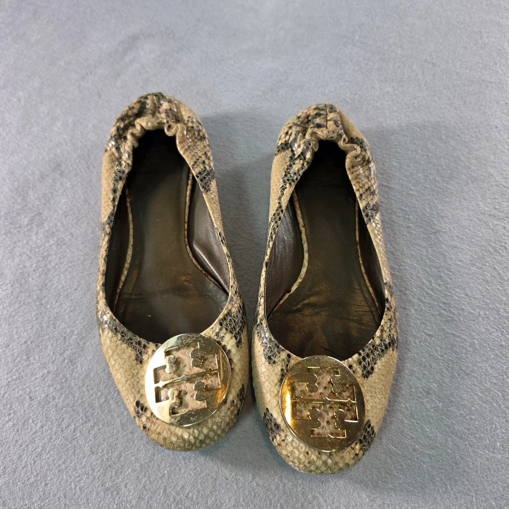 Tory Burch Reva Snakeskin Embossed Leather Ballet Flats Gold Logo Medallion